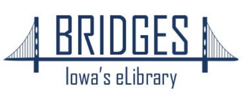 Logo for Bridges Iowa's eLibrary with picture of a bridge designed in a dark navy blue color