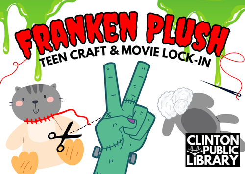 frankenstein peace hand sign with stuffed cat, other stuffed animals, scissors and green goo with a needle and thread 