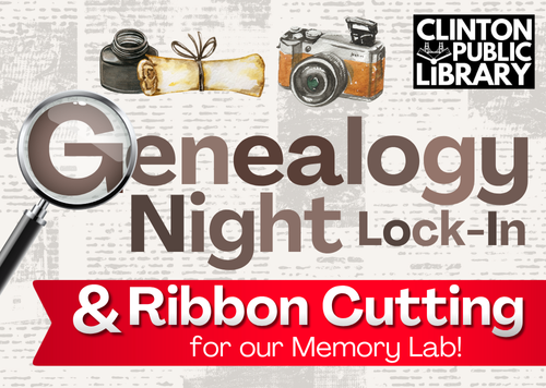 genealogy advertisement with magnifying glass, camera, ink and scroll