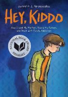 Hey Kiddo book cover with a kid looking off to one side with his shadow against a blue wallpaper background