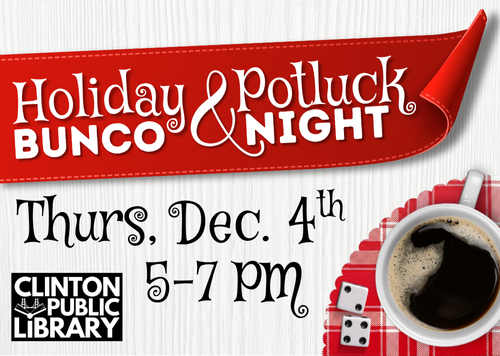 bunco game potluck advertisement with coffee and dice in red, black and white colors