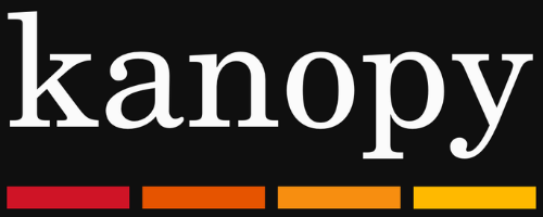 Kanopy logo with red, orange, orange-gold and gold dotted underline