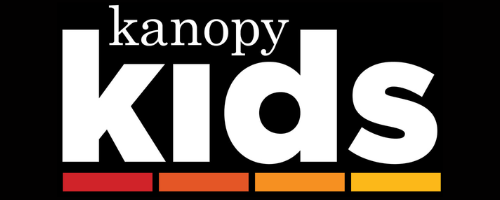 kanopy kids logo on a black background that has the text kanopy kids in white over a dotted line that goes from red to orange to orange-gold to gold