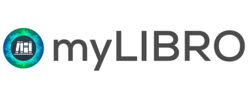 green and blue my libro logo with books on a shelf inside a circle