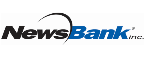 Blue and black News Bank Inc. logo with black line swoop in the middle