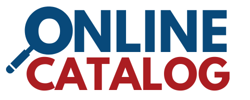 text that reads--Online Catalog--in blue and red with a magnifying glass