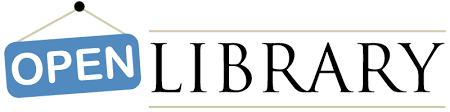Library logo with an open sign in white on a blue background