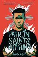 Patron Saints of Nothing book cover with a man in black holding white fire in his hands, white fire on his shoulders and head on a red background