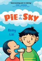Pie in the Sky book cover with one child eating pie and another child looking on with a cloud above their heads on a blue sky background