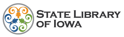 State Library of Iowa logo with orange-ish gold, blue and green symbols that closely resemble the French fleur de lys inside a circle