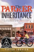 The Parker Inheritance book cover with two kids riding their bikes down the street with stores in the background